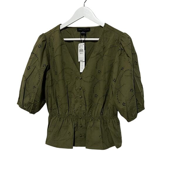 SANCTUARY TOP WOMENS SIZE XLARGE COTTON EYELET BUTTON FRONT BLOUSE GREEN NEW - Picture 4 of 14